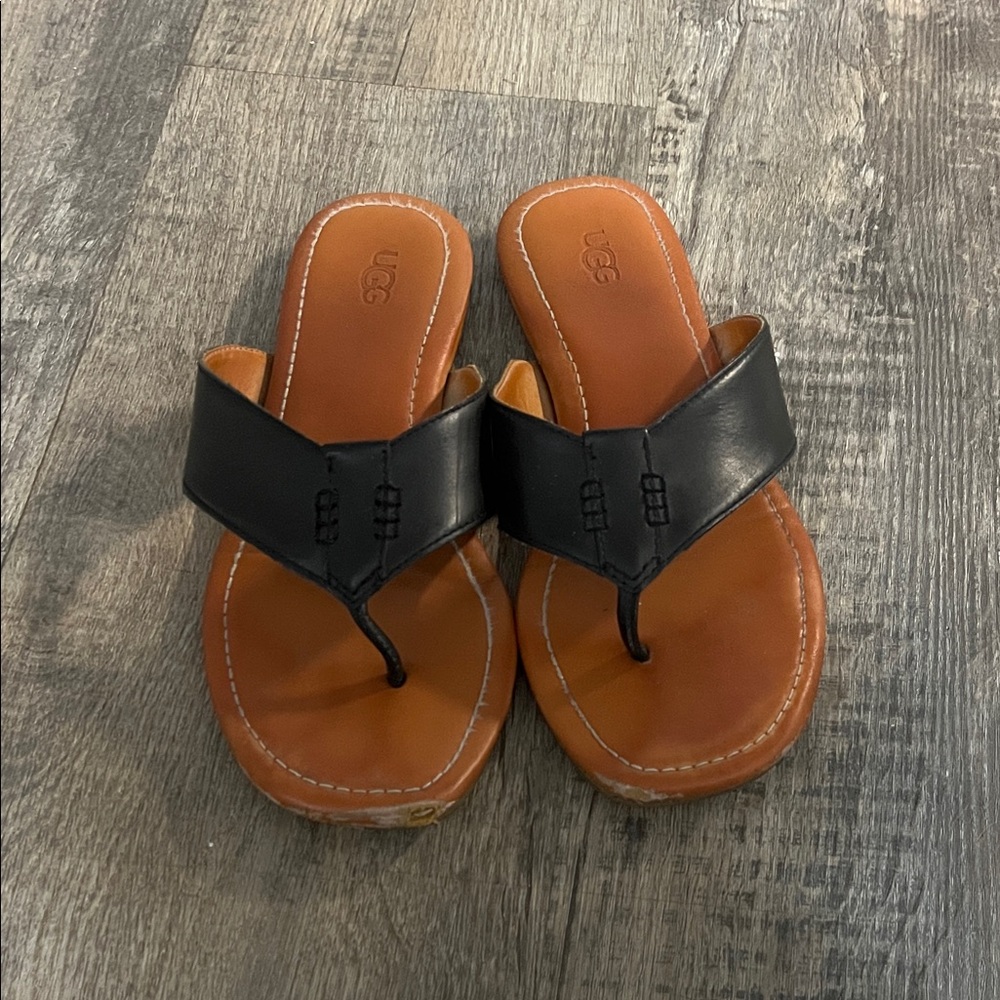UGG Black and Brown Leather Flip Flops